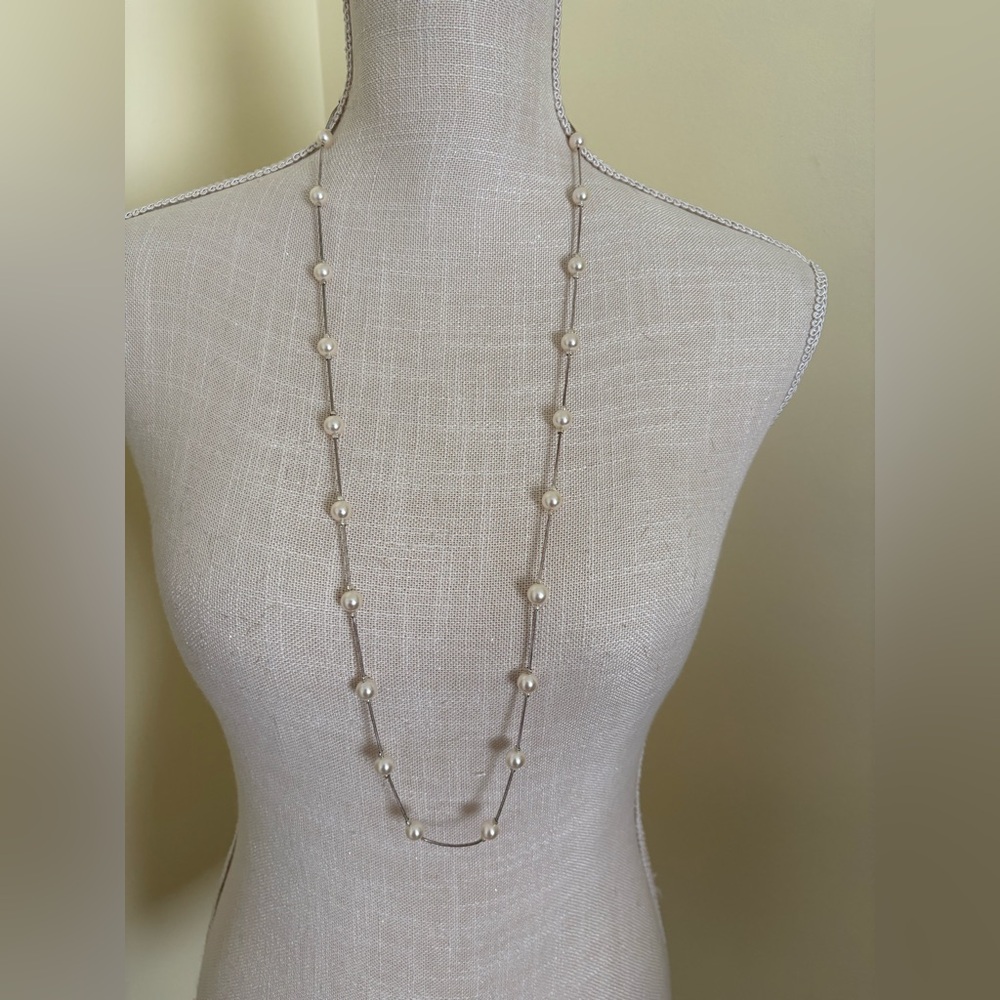 Vintage RMN Pearl Station Long Necklace - Ivory Pearls on Silver-tone Chain